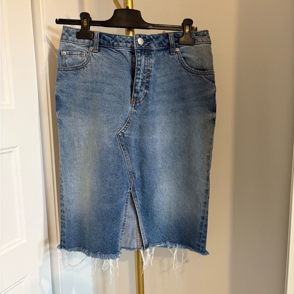 Blue Denim Skirt with Frayed Hem